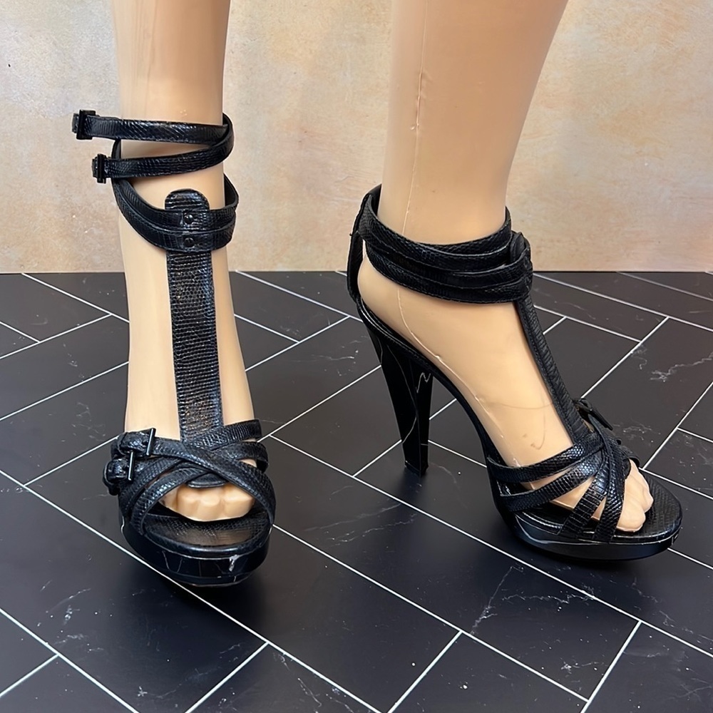 Burberry Lizard T-Strap Sandals Stiletto Heels with Platform Multistrap & Buckle - Picture 5 of 9